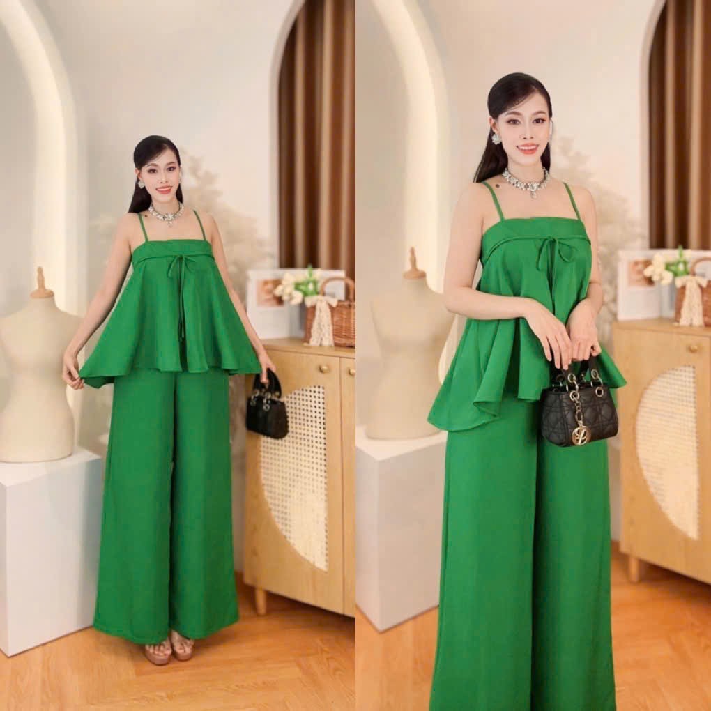 Vietnam Formal Ao Dai Terno Coordinates Set for Women Green plain color coordinates terno spaghetti strap peplum top and wide leg pants made in Vietnam, freesize that fits medium to XL frame for formal, evening and party wear
