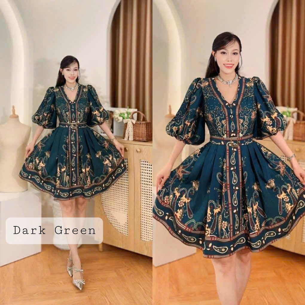 Puff Sleeve Vneck Vietnam Ao Dai party dress Dark Green Floral baroque print V-neck puffsleeve, trumpet sleeve classic Party Style evening and formal Short Dress from Vietnam, freesize that fits medium to XL frame with belt