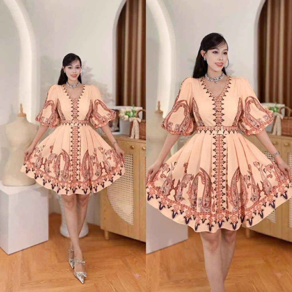 Puff Sleeve Vneck Vietnam Ao Dai party dress Peach Floral baroque print V-neck puffsleeve, trumpet sleeve classic Party Style evening and formal Short Dress from Vietnam, freesize that fits medium to XL frame with belt