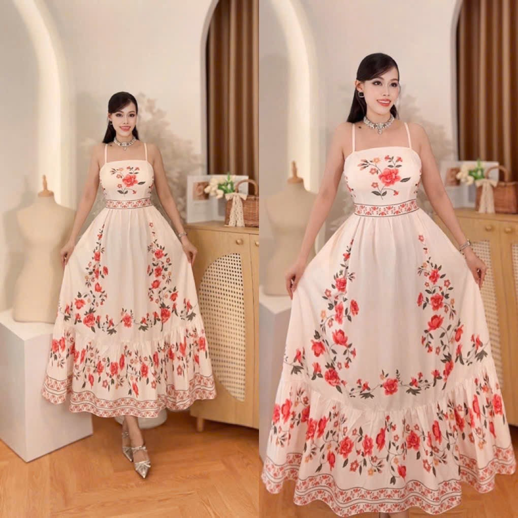 Vietnam Romantic Cream & Red Floral Print Maxi Dress showcasing a vintage floral design with red roses and trailing vines.