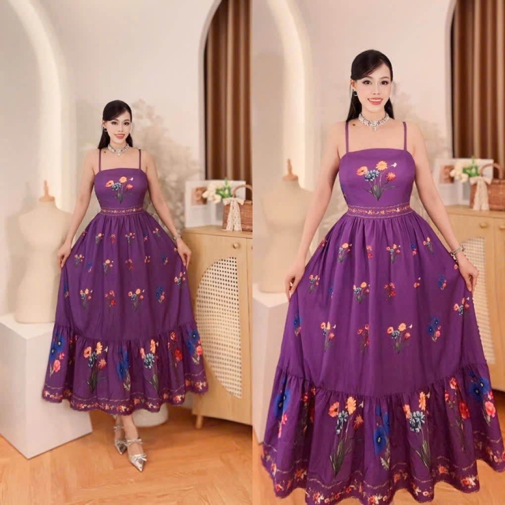 Vietnam Deep Purple Floral Spaghetti Strap Maxi Dress displayed on a model, showcasing its elegant design and vibrant floral embroidery.