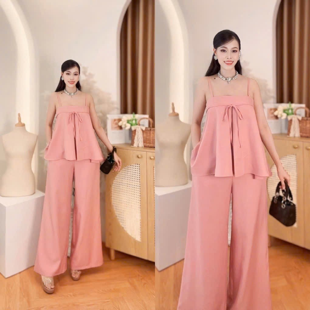 Vietnam Formal Ao Dai Terno Coordinates set for women Nude Pink plain color coordinates terno spaghetti strap peplum top and wide leg pants made in Vietnam, freesize that fits medium to XL frame for formal, evening and party wear