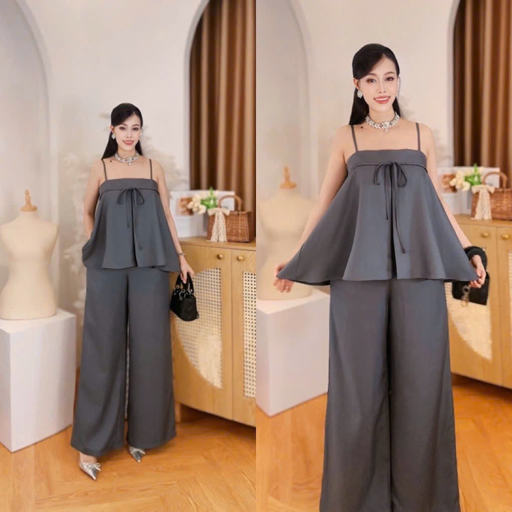 Vietnam Formal Ao Dai Terno Coordinates Set for Women  Gray plain color coordinates terno spaghetti strap peplum top and wide leg pants made in Vietnam, freesize that fits medium to XL frame for formal, evening and party wear