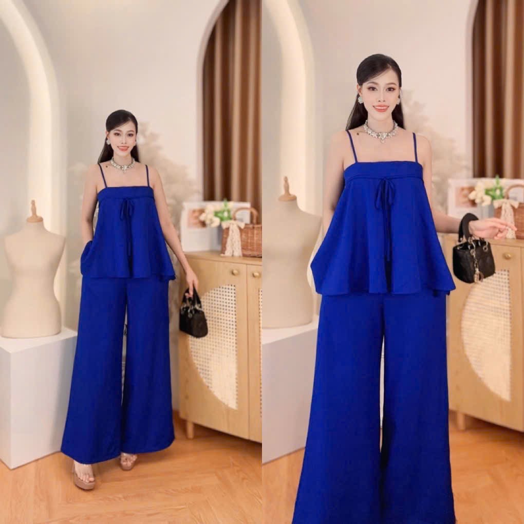 Vietnam Formal Ao Dai Terno Coordinates set for women Royal Blue plain color coordinates terno spaghetti strap peplum top and wide leg pants made in Vietnam, freesize that fits medium to XL frame for formal, evening and party wear