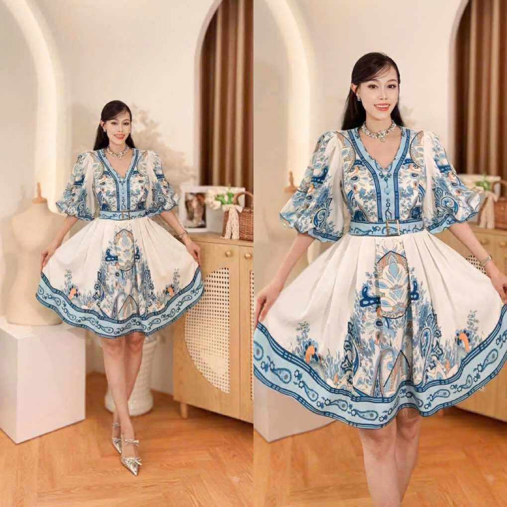 Puff Sleeve Vneck Vietnam Ao Dai party dressclassic Party Style evening and formal Short Dress from Vietnam, freesize that fits medium to XL frame with belt