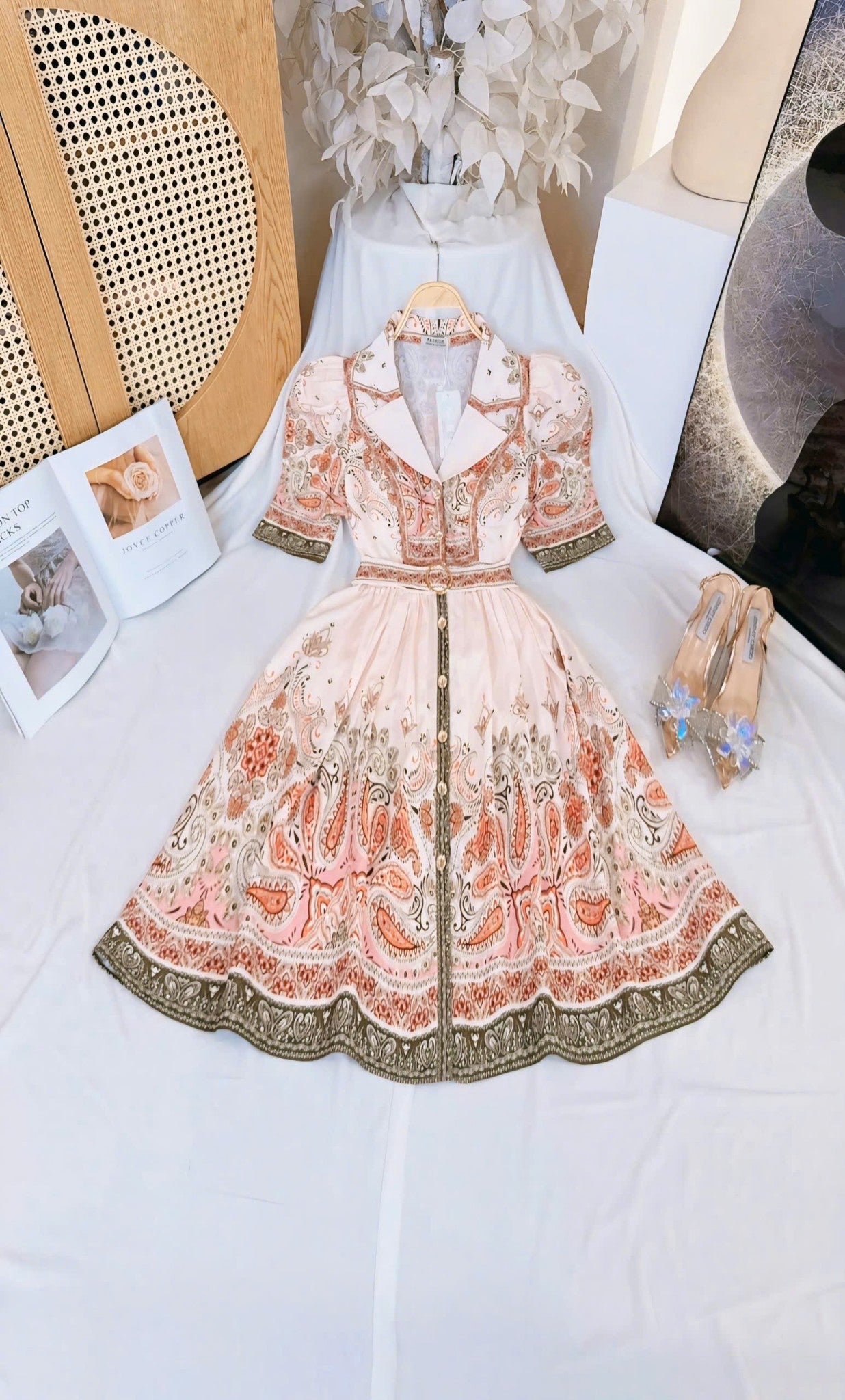 Collared Floral Short Vietnam Ao Dai Party Dress Beige baroque print collared Party Style evening and formal Short Dress freesize that fits Medium to XL frame