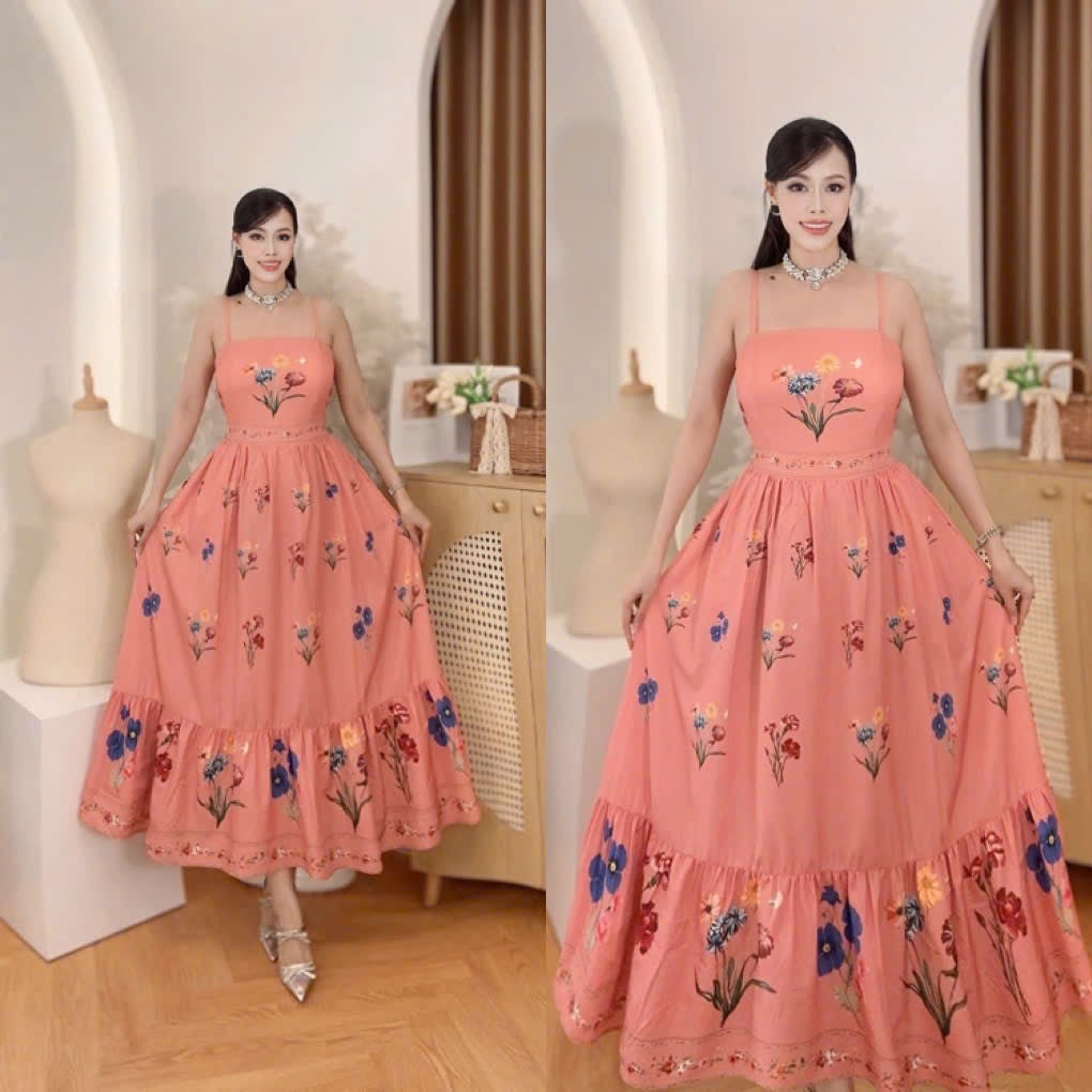 Vietnam Salmon Pink Floral Spaghetti Strap Maxi Dress showcased by model in a stylish indoor setting.