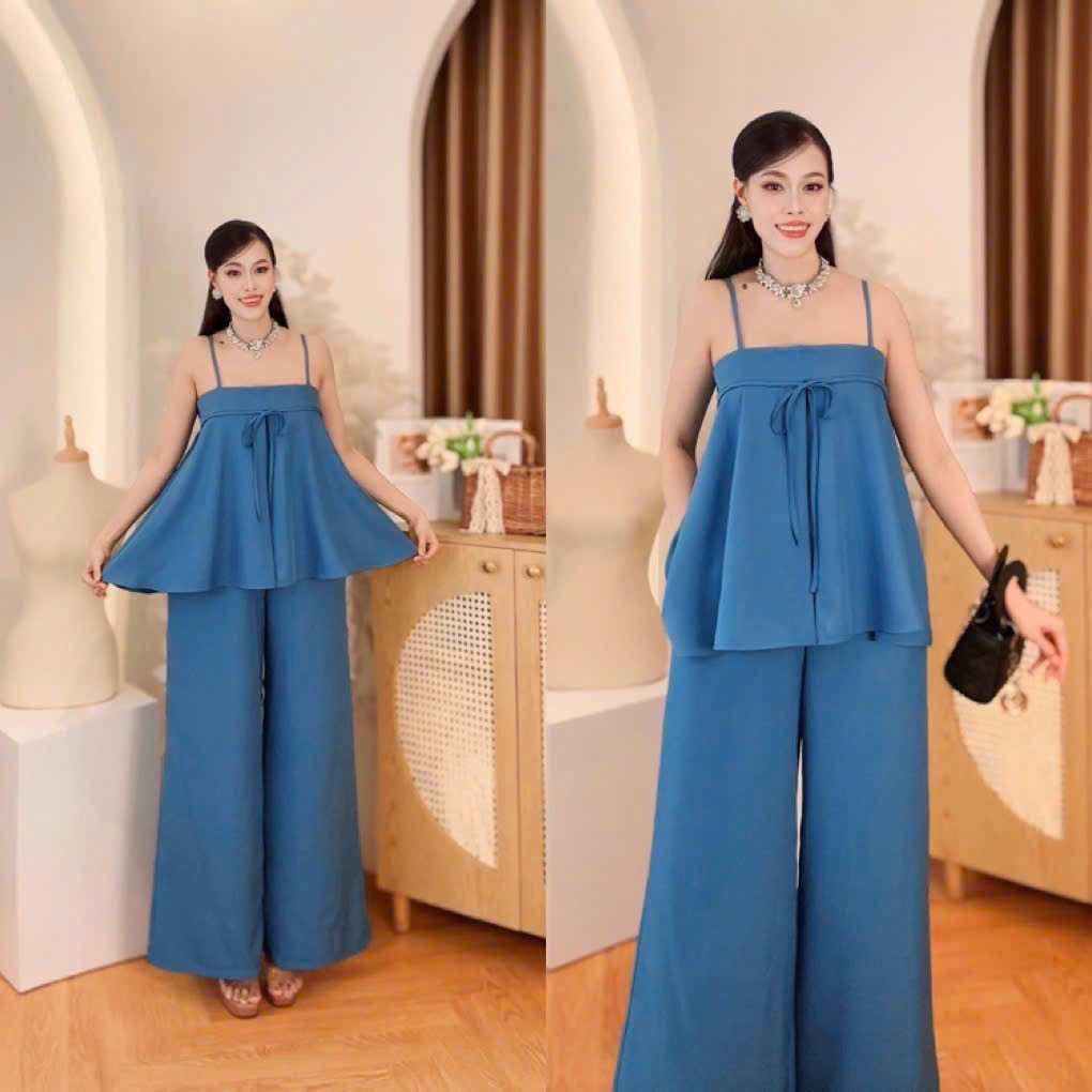 Vietnam Formal Ao Dai Terno Coordinates Set for Women Aqua Blue plain color coordinates terno spaghetti strap peplum top and wide leg pants made in Vietnam, freesize that fits medium to XL frame for formal, evening and party wear