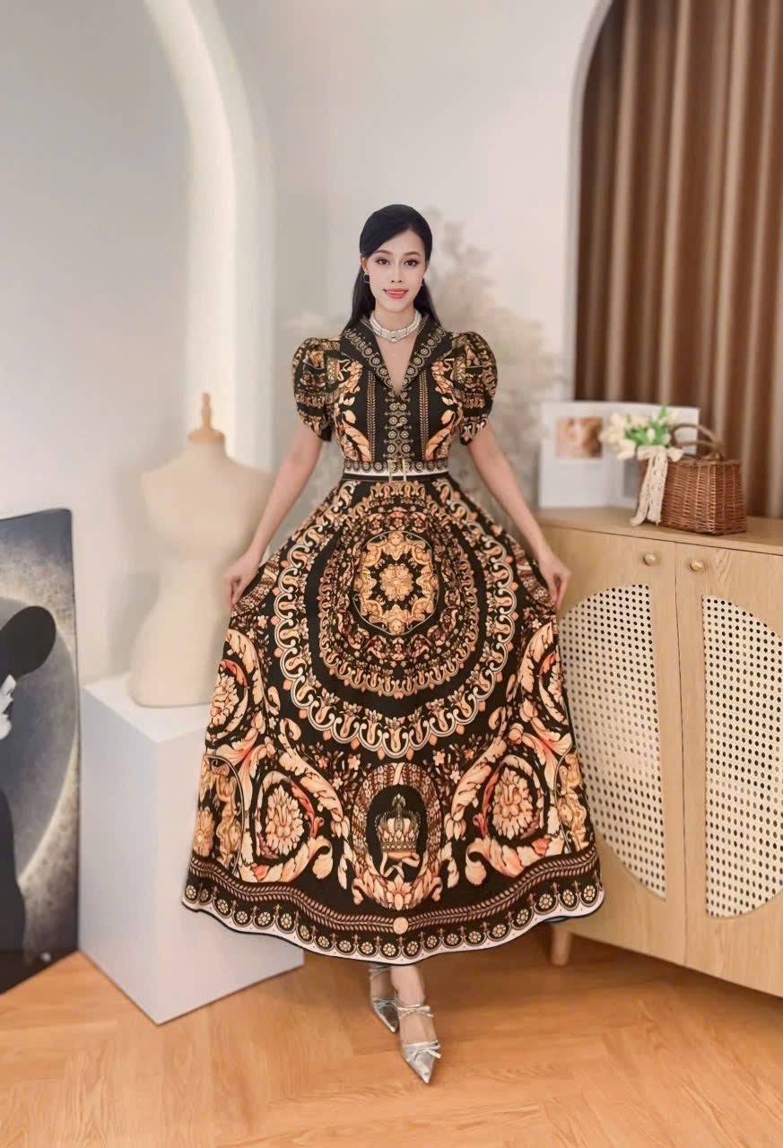 Vietnamese Baroque maxi dress puffsleeve Mango silk fabric Elegant Tita Attire, Semi formal , party, evening and Church Maxi Dress from Vietnam, freesize that fits Medium to XL Frame