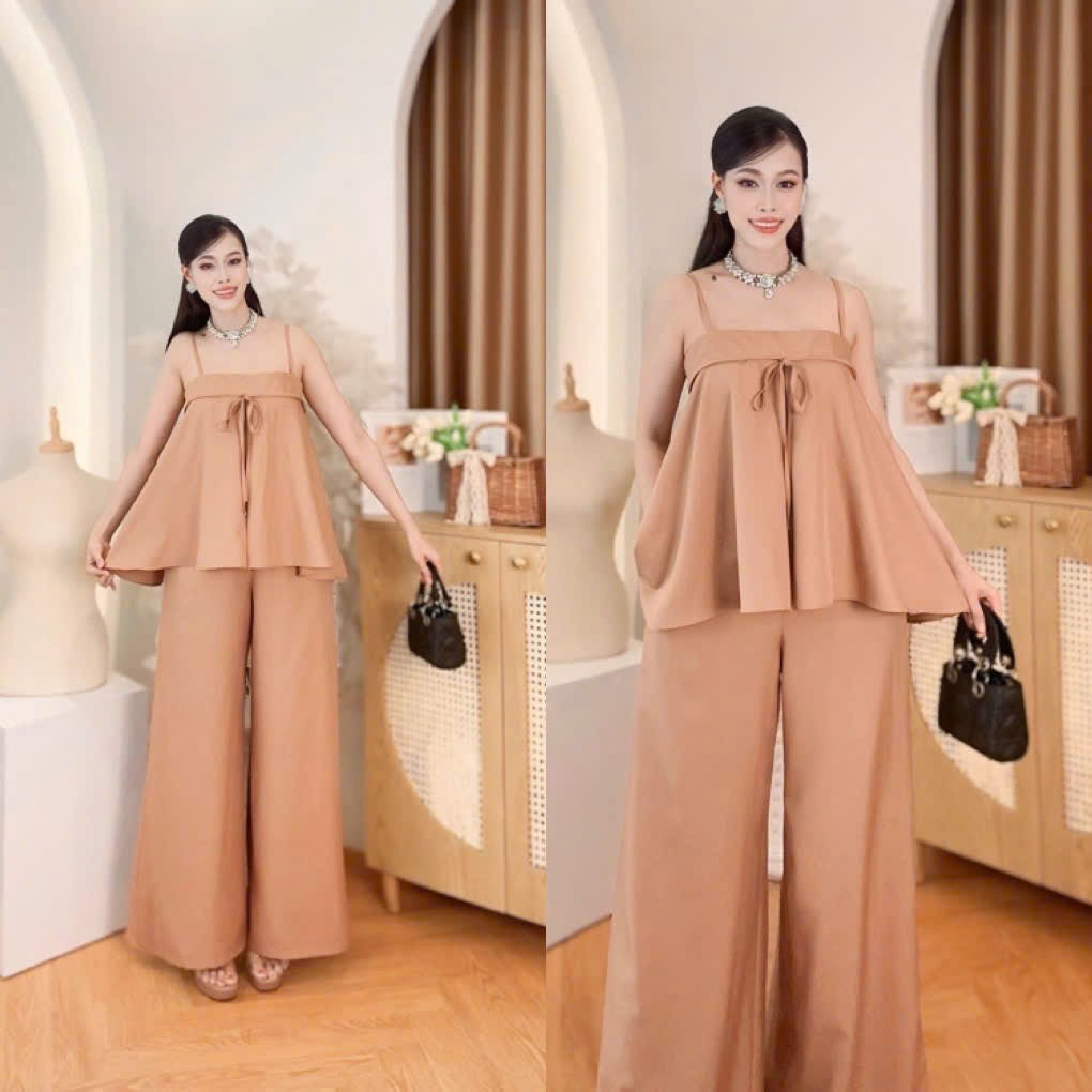 Vietnam Formal Ao Dai Terno Coordinates set for women Bronze plain color coordinates terno spaghetti strap peplum top and wide leg pants made in Vietnam, freesize that fits medium to XL frame for formal, evening and party wear
