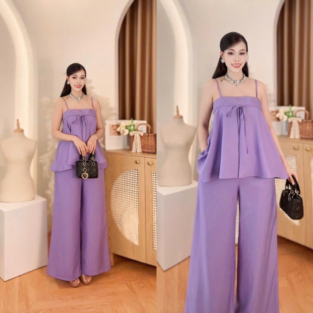 Vietnam Formal Ao Dai Terno Coordinates Set for Women Purple plain color coordinates terno spaghetti strap peplum top and wide leg pants made in Vietnam, freesize that fits medium to XL frame for formal, evening and party wear