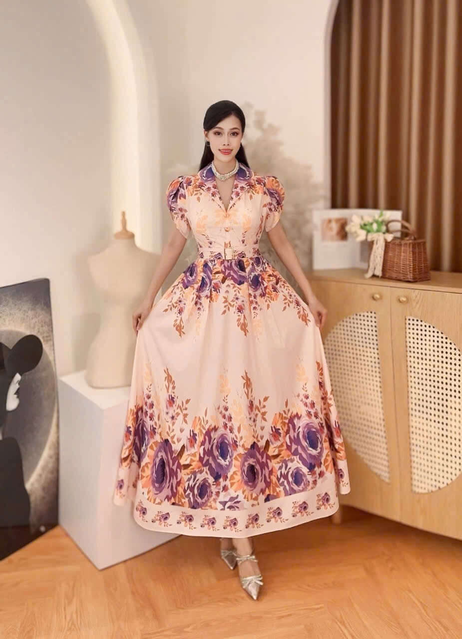 Vietnamese Baroque maxi dress puffsleeve Mango silk fabric Elegant Tita Attire, Semi formal , party, evening and Church Maxi Dress from Vietnam, freesize that fits Medium to XL Frame