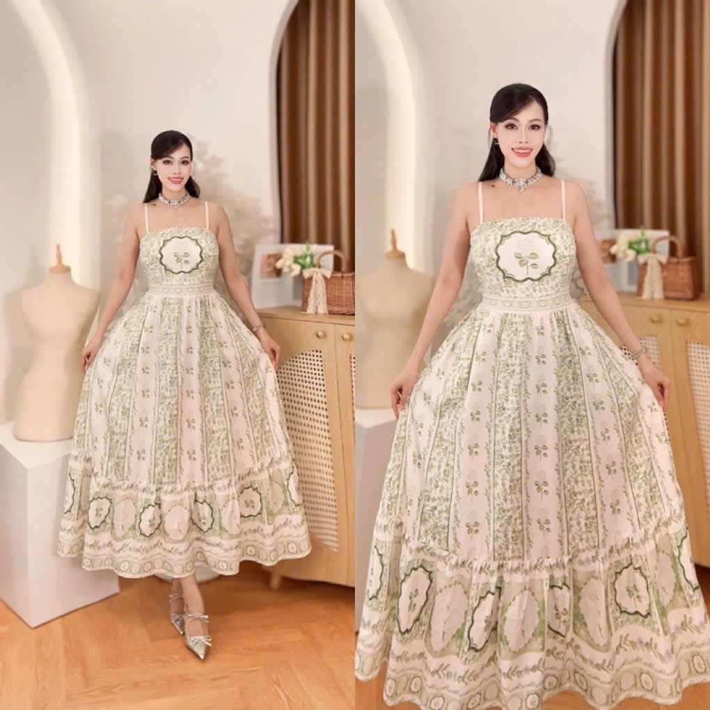 Vietnam Elegant Green & Cream Floral Print Maxi Dress - Smartshop, showcasing a model wearing a stunning floral dress.
