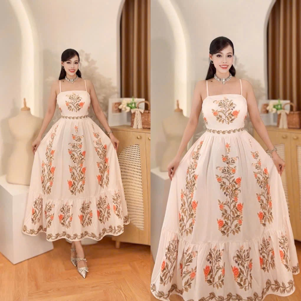 Vietnam Vintage Style Cream & Rust Floral Maxi Dress showcase featuring intricate floral designs and floor-length design.