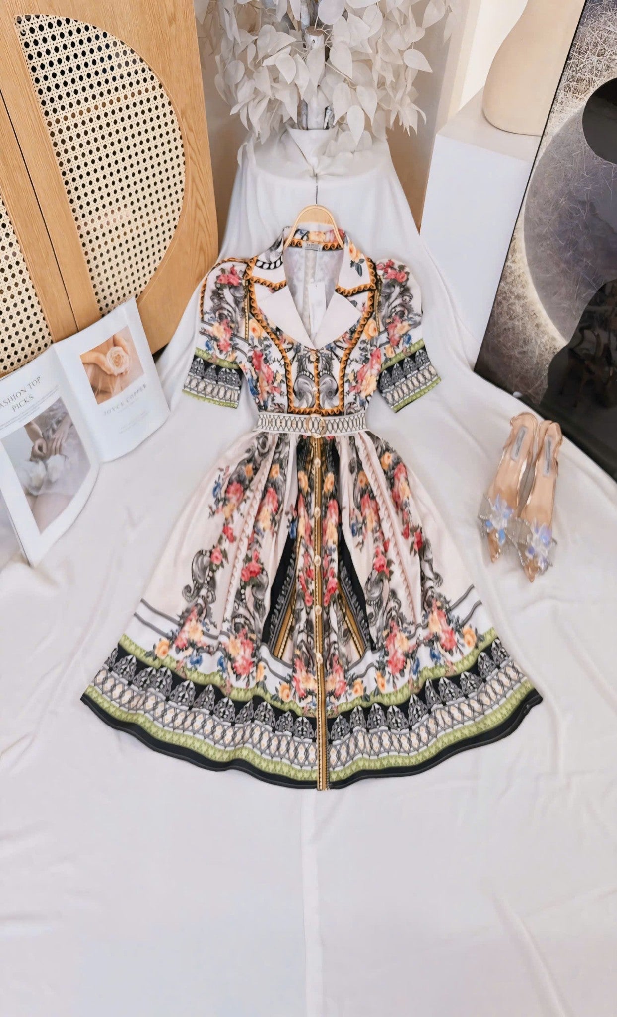 Collared Floral Short Vietnam Ao Dai Party Dress White & Black baroque print collared Party Style evening and formal Short Dress freesize that fits Medium to XL frame