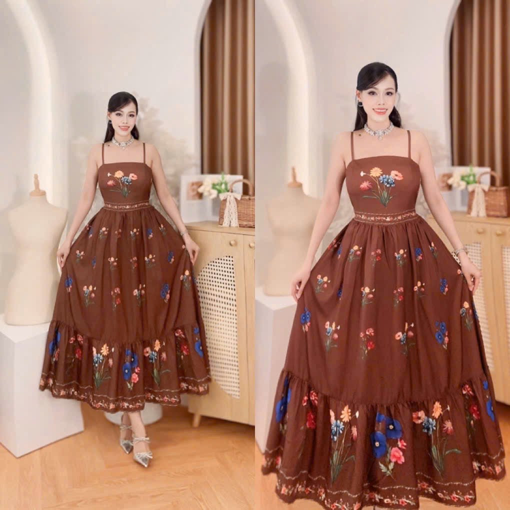 Vietnam Bohemian Brown Floral Print Tiered Maxi Dress showcased in a stylish indoor setting.