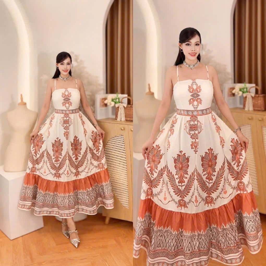 Vietnam Luxury Rust Print Tiered Maxi Dress featuring ornamental print design and elegant tiered silhouette.