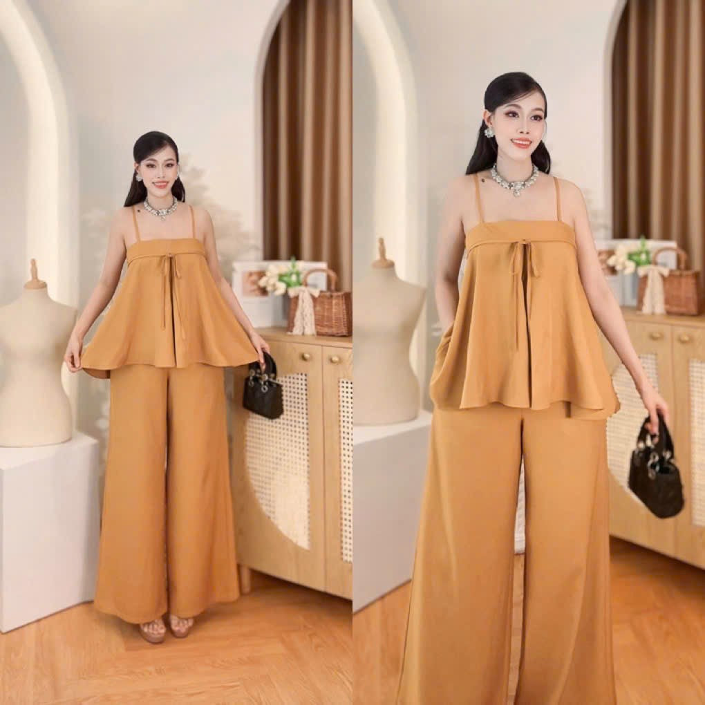Vietnam Formal Ao Dai Terno Coordinates Mustard yellow plain color coordinates terno spaghetti strap peplum top and wide leg pants made in Vietnam, freesize that fits medium to XL frame for formal, evening and party wear