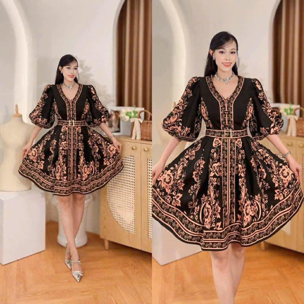 Puff Sleeve Vneck Vietnam Ao Dai party dress Black floral baroque print V-neck puffsleeve, trumpet sleeve classic Party Style evening and formal Short Dress from Vietnam, freesize that fits medium to XL frame