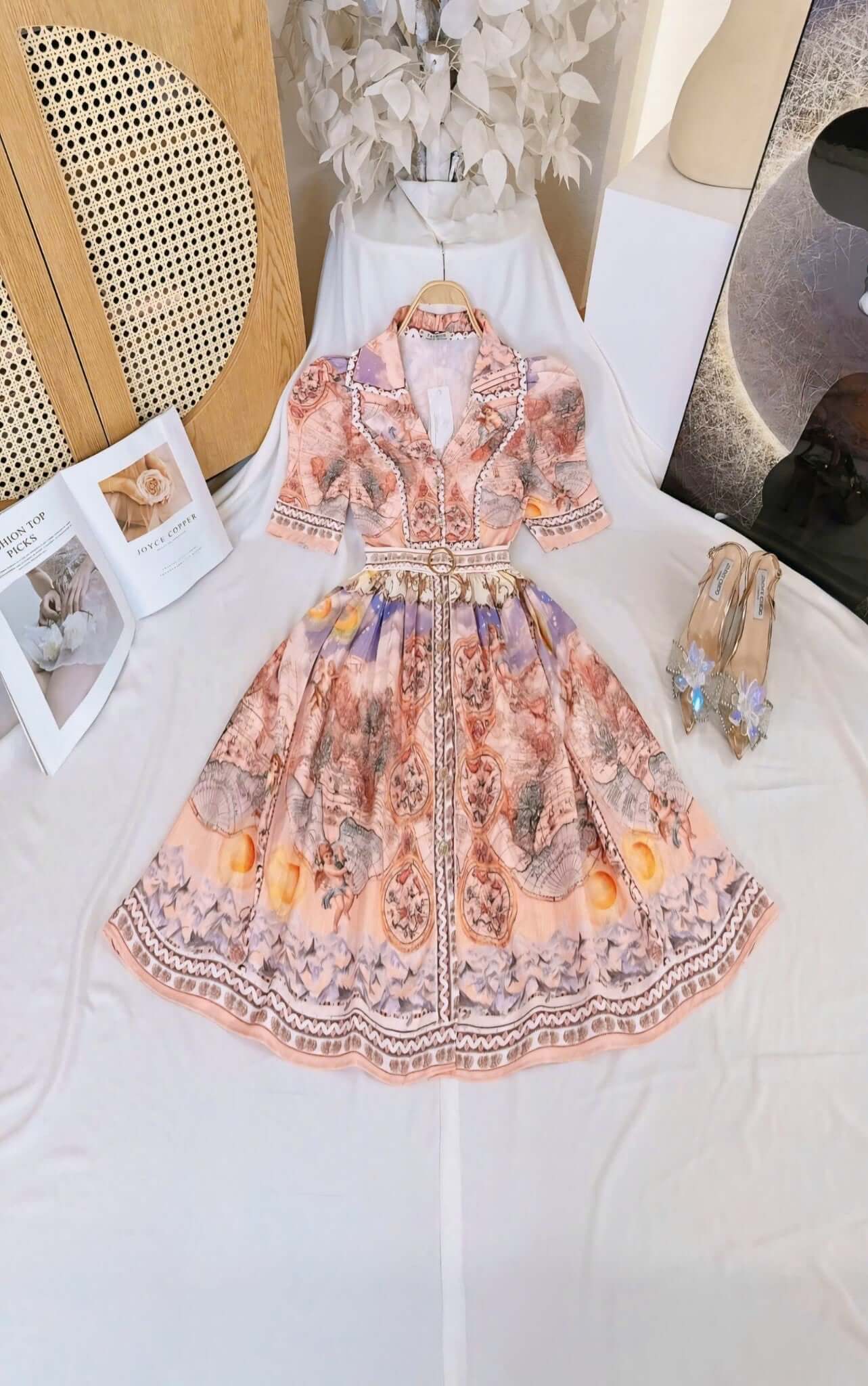 Collared Floral Short Vietnam Ao Dai Party Dress Peach baroque print collared Party Style evening and formal Short Dress freesize that fits Medium to XL frame