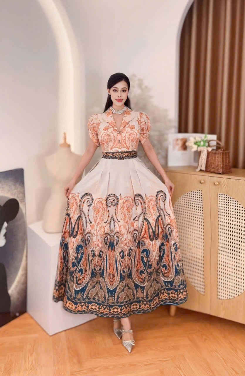 Vietnamese Baroque maxi dress puffsleeve Mango silk fabric Elegant Tita Attire, Semi formal , party, evening and Church Maxi Dress from Vietnam, freesize that fits Medium to XL Frame