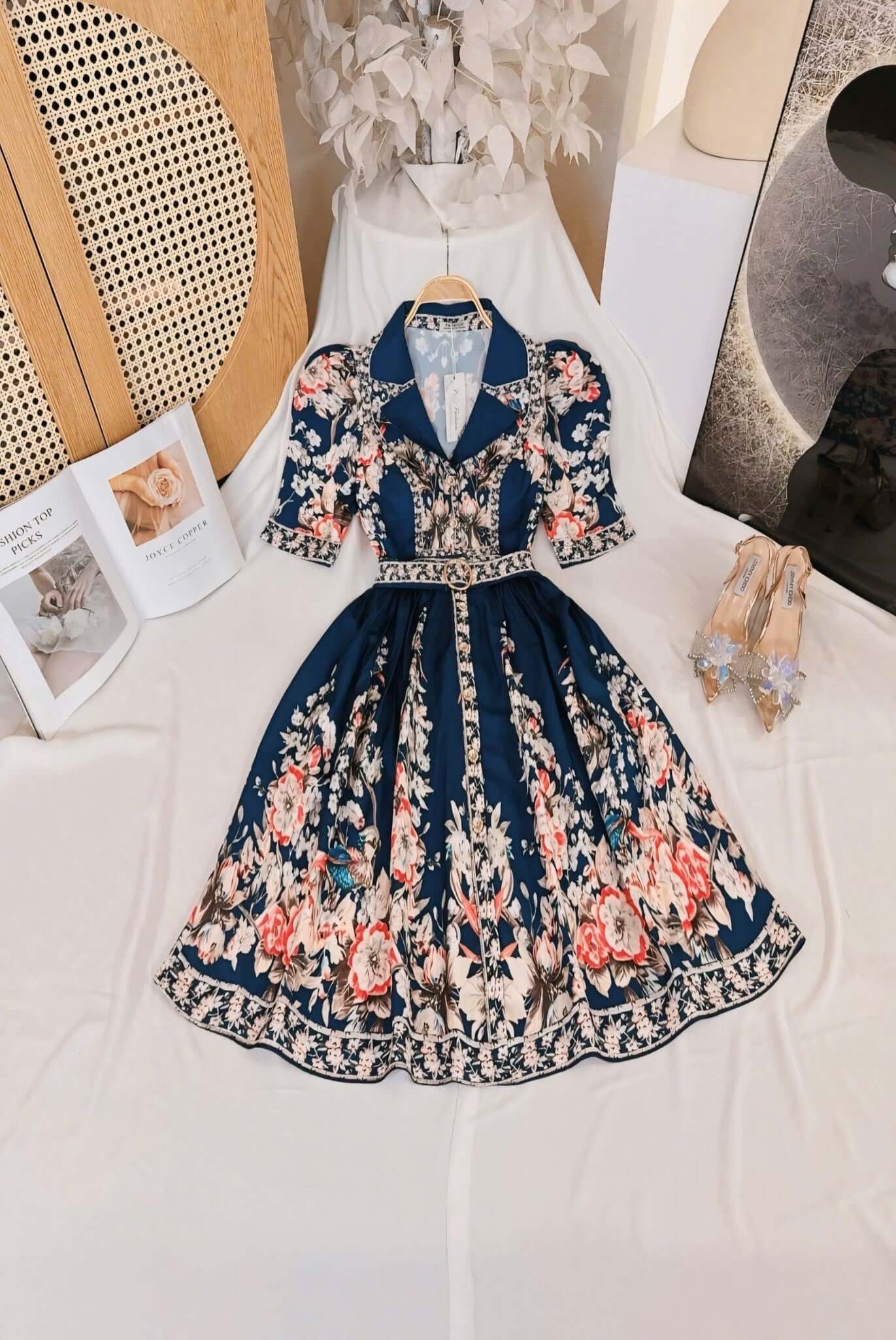 Collared Floral Short Vietnam Ao Dai Party Dress Navy floral baroque print collared Party Style evening and formal Short Dress freesize that fits Medium to XL frame