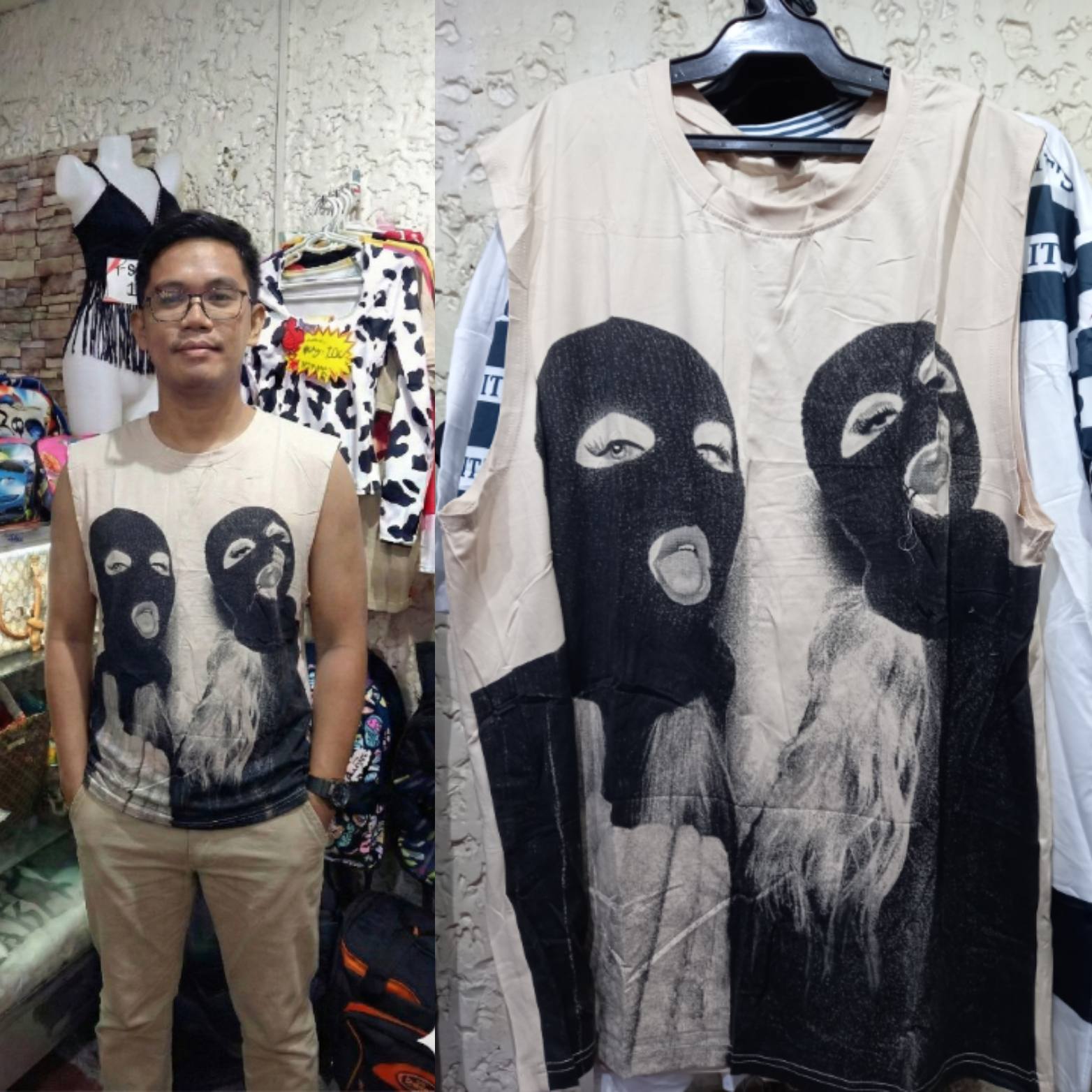 Men's Beige Large Graphic Tank Top Balaclava Print worn by a man, featuring a bold design and sleeveless style.