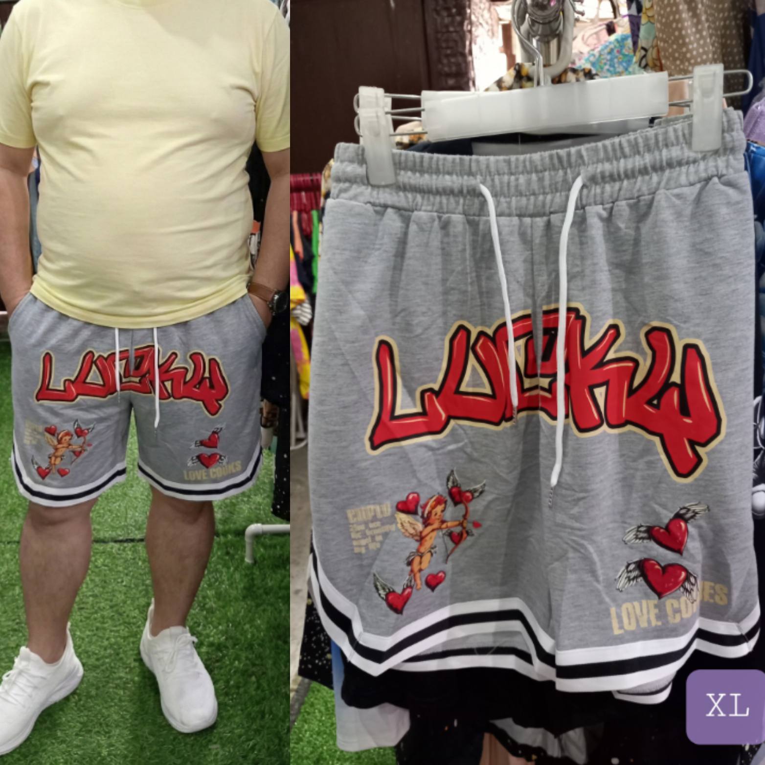 Men's Gray Graffiti Streetwear Shorts featuring a bold 'LUCKY' graphic and colorful heart designs.