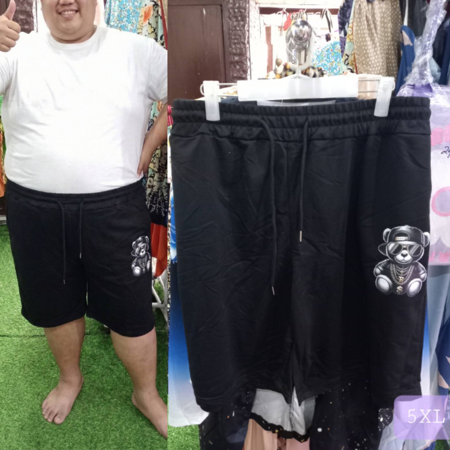 Men's Plus Size Streetwear Shorts - Black Cool Bear displayed on a model and hanging for view, showcasing comfort and style.