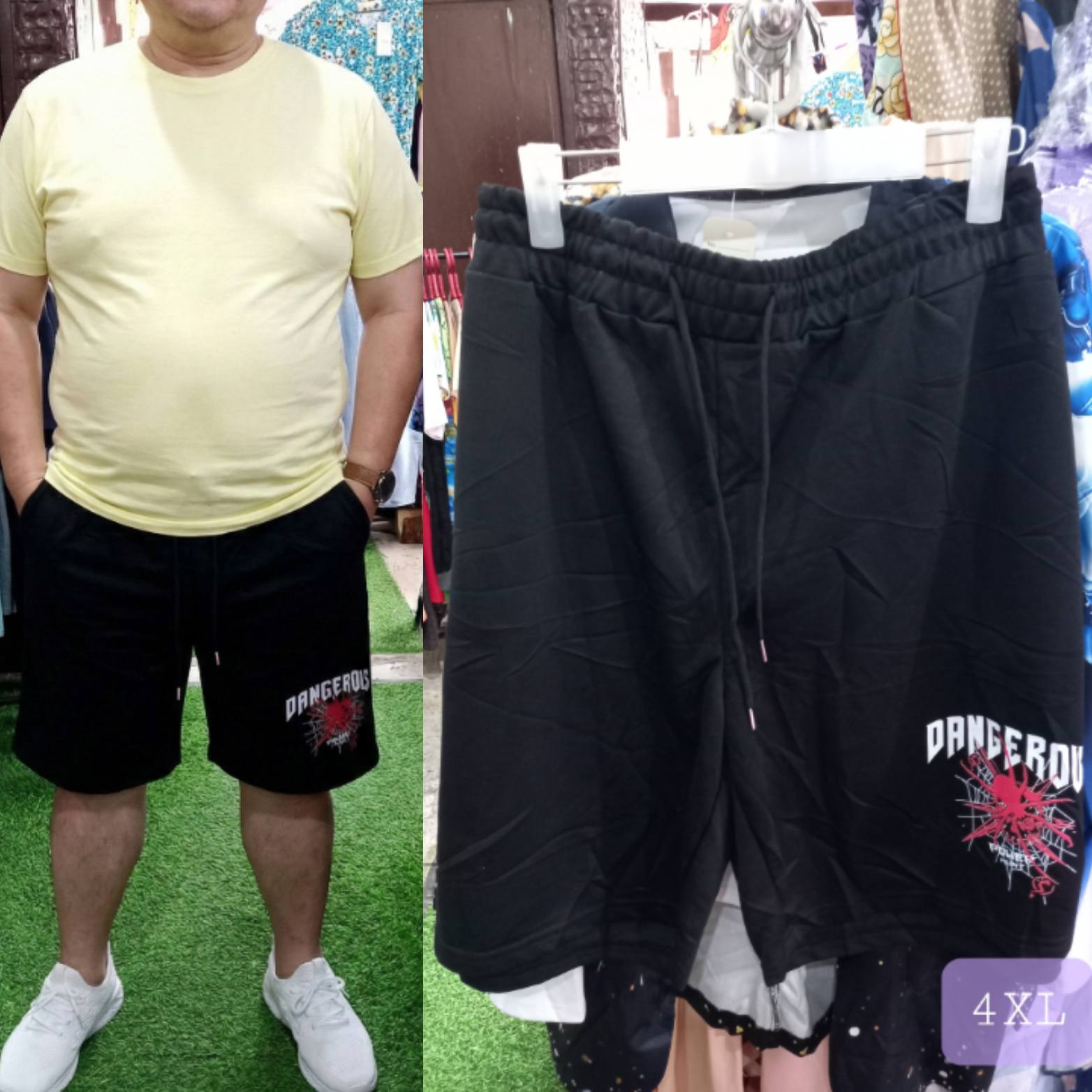 Men's Dangerous Spider Web Graphic Shorts displayed on a model and hanger, showcasing bold style and comfort.