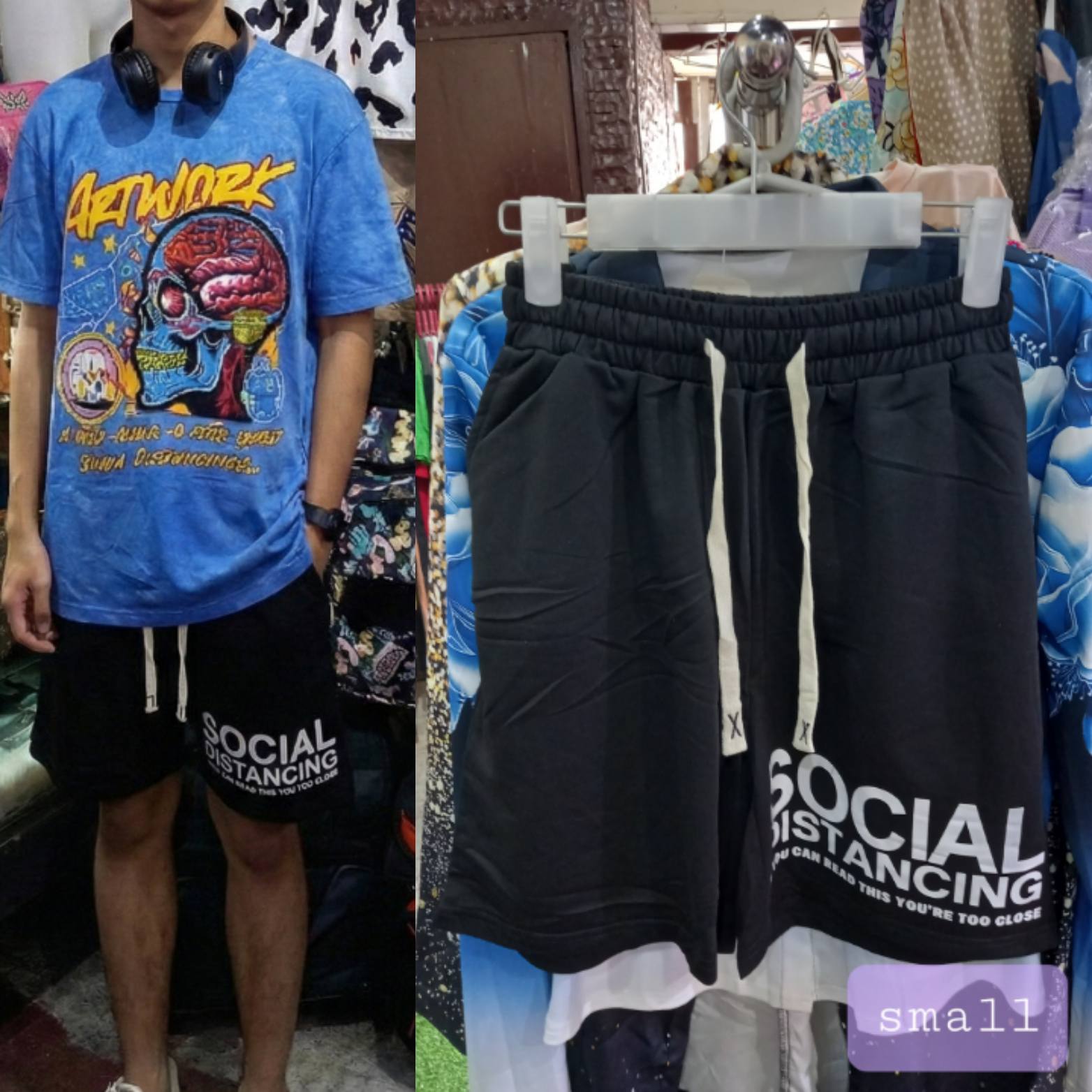 Men's Streetwear Essential Black Sweatshorts displayed alongside a model wearing a graphic tee.