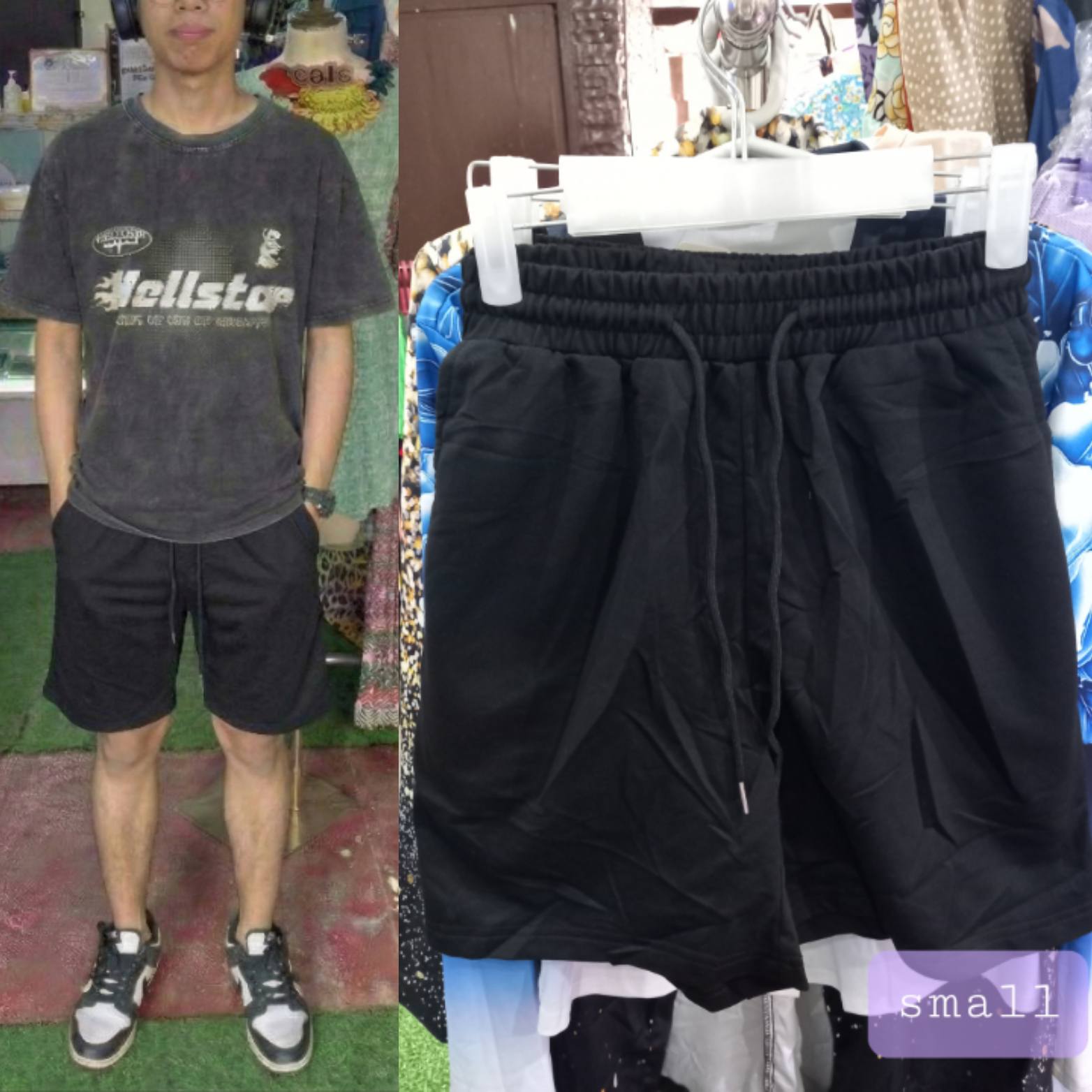 Men's Essential Black Sweatshorts displayed on a hanger and worn by a model, showcasing comfort and versatility.