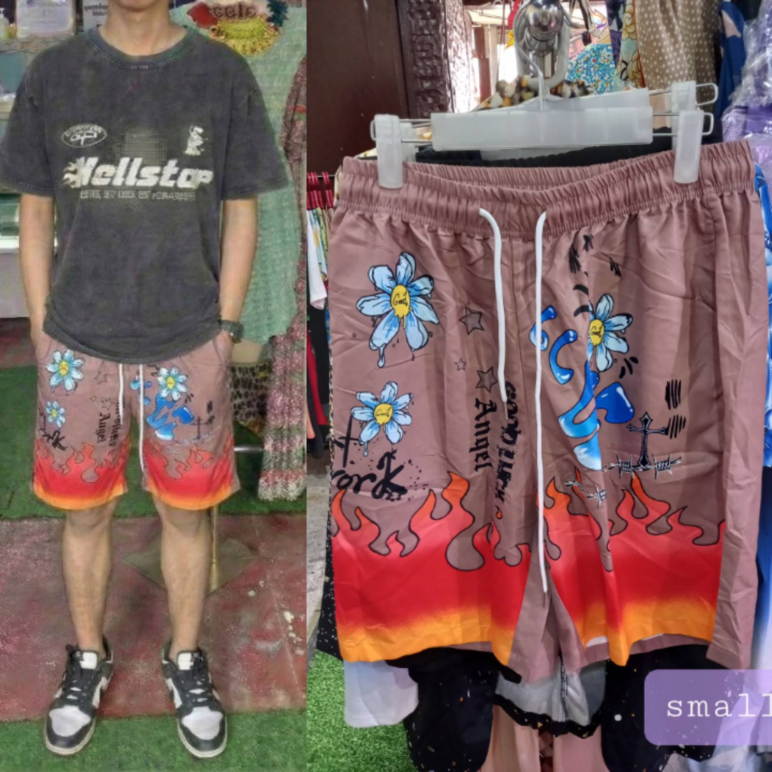 Men's Angel Fire Graphic Streetwear Shorts showcasing bold floral and flame designs in streetwear style.