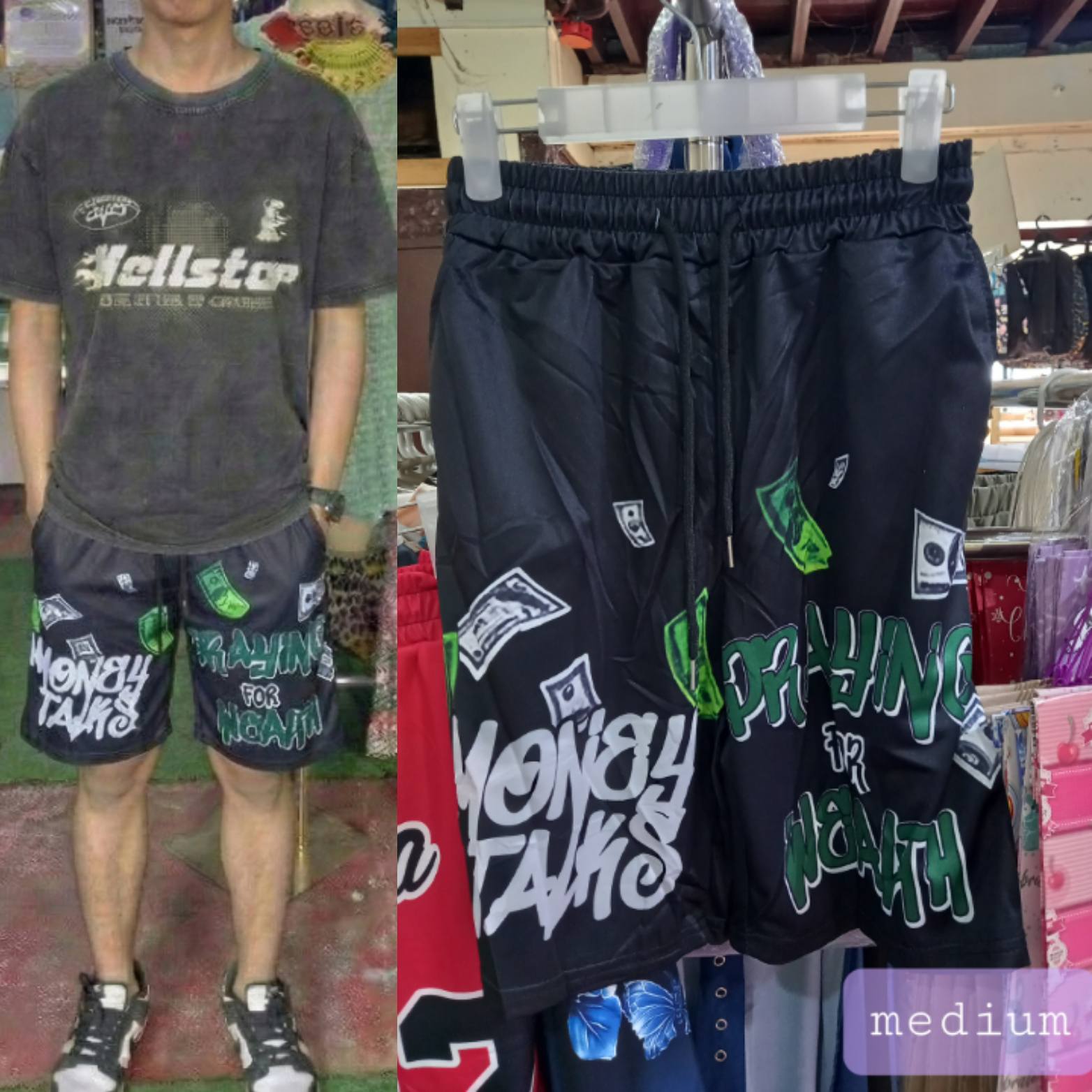 Men's Money Talks Graffiti Print Streetwear Athletic Short displayed on a hanger, showcasing its unique graffiti design.