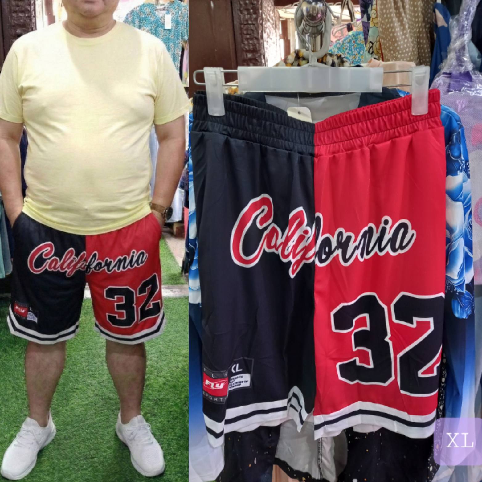 Men's California 32 Split-Color Basketball Athletic Shorts displayed on a model, featuring a two-tone split design.