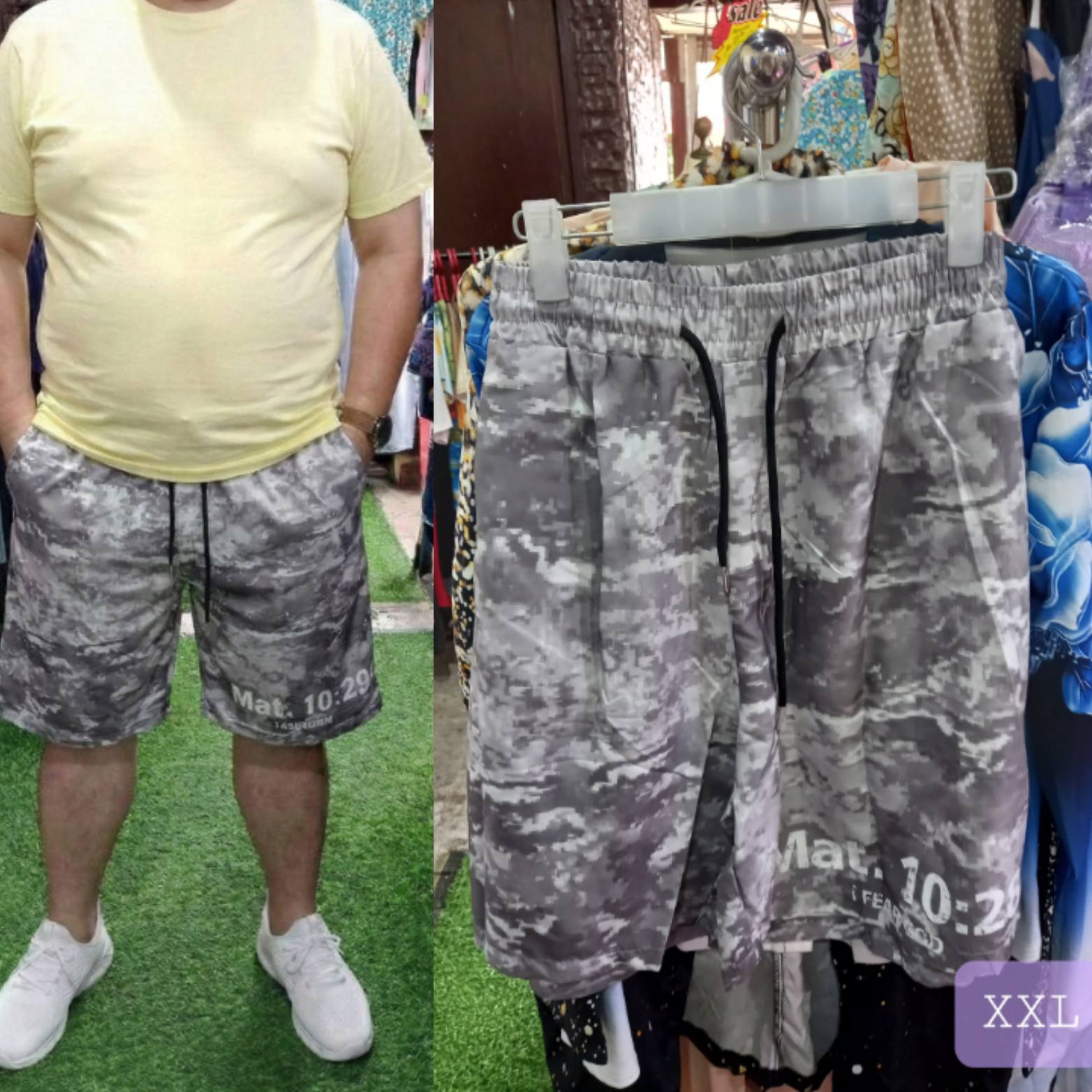 Split image showing Men Grey Camo XXL Tactical & Streetwear Style Shorts. The left side displays a model wearing the shorts with a yellow t-shirt. The right side shows the shorts hanging on a rack, clearly displaying the white "Mat. 10:29" text printed on the lower left leg.