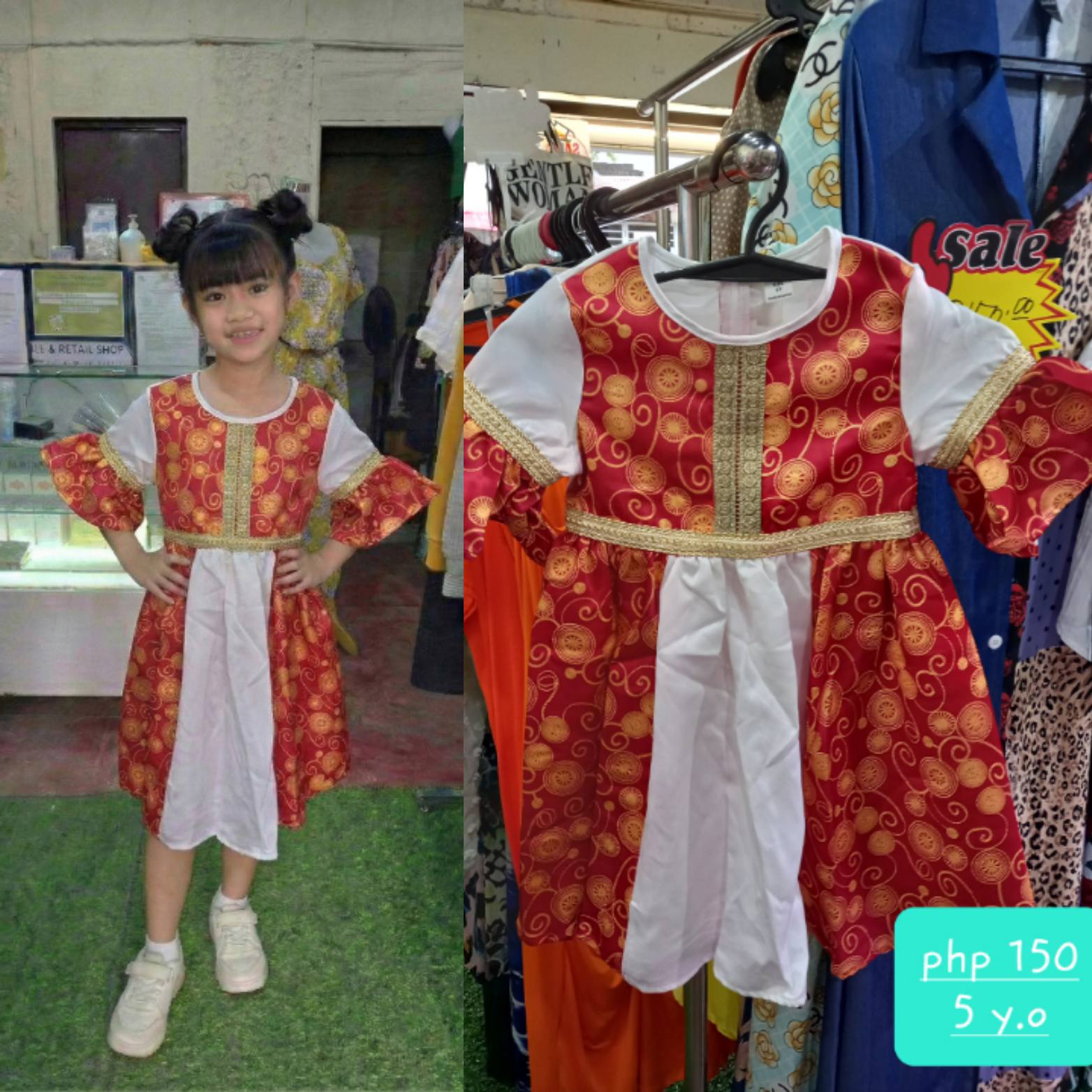 Girls' Red & Gold Ethnic Print Costume Dress showcased on a model, vibrant ethnic design with golden accents.
