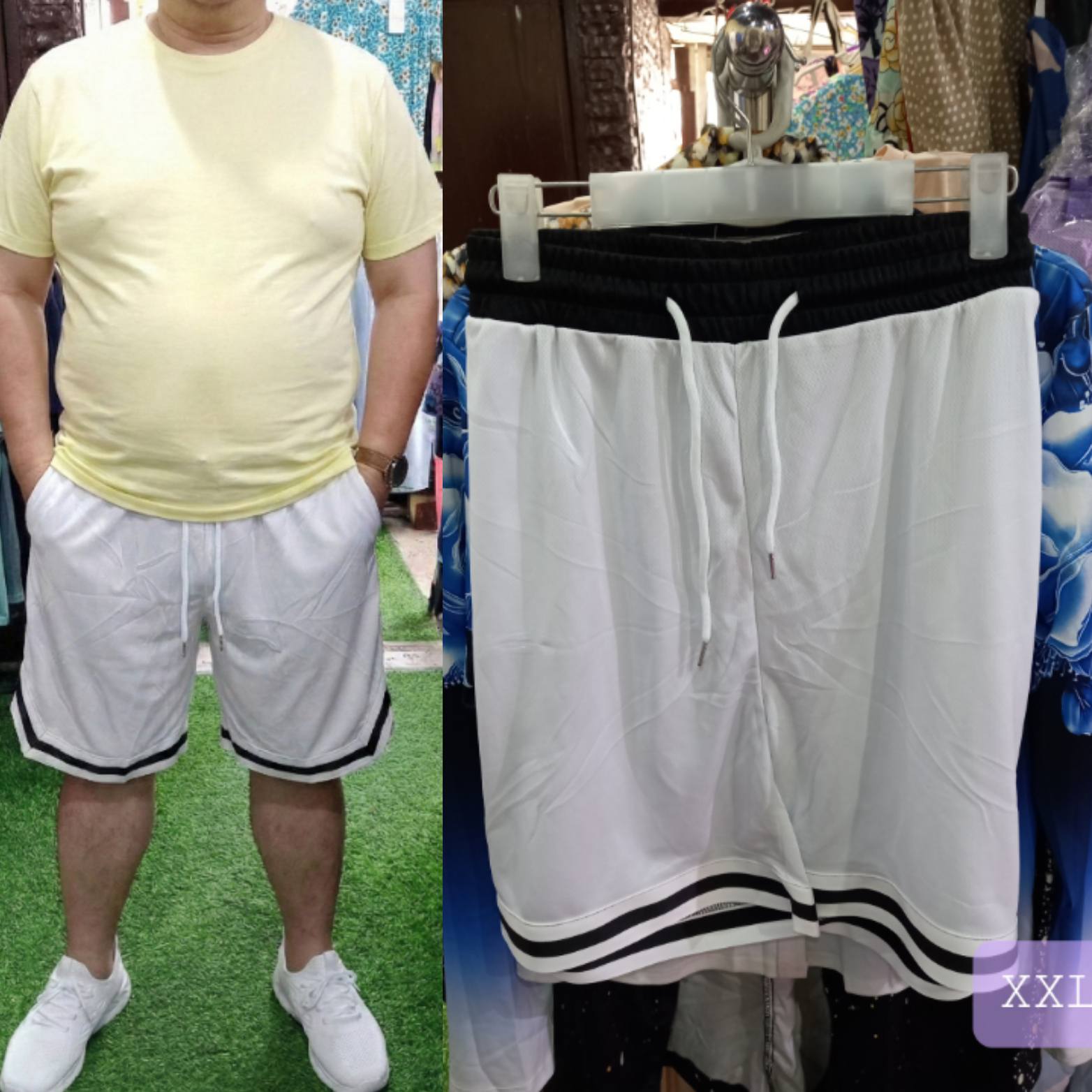 Men's Classic Retro Basketball White Mesh Athletic Shorts displayed on a mannequin alongside a model wearing them in a casual setting.