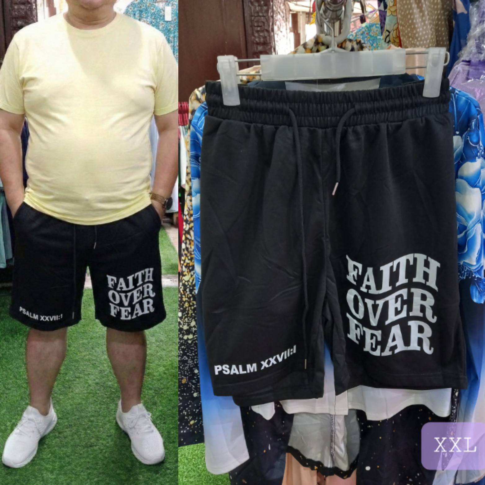 Split image displaying Men Black Faith Over Fear Graphic XXL Shorts. The left side shows a model wearing the shorts featuring large white "Faith Over Fear" text. The right side shows the shorts on a hanger, highlighting the elastic drawstring waistband and "Psalm XXVII:I" printed on the bottom hem.