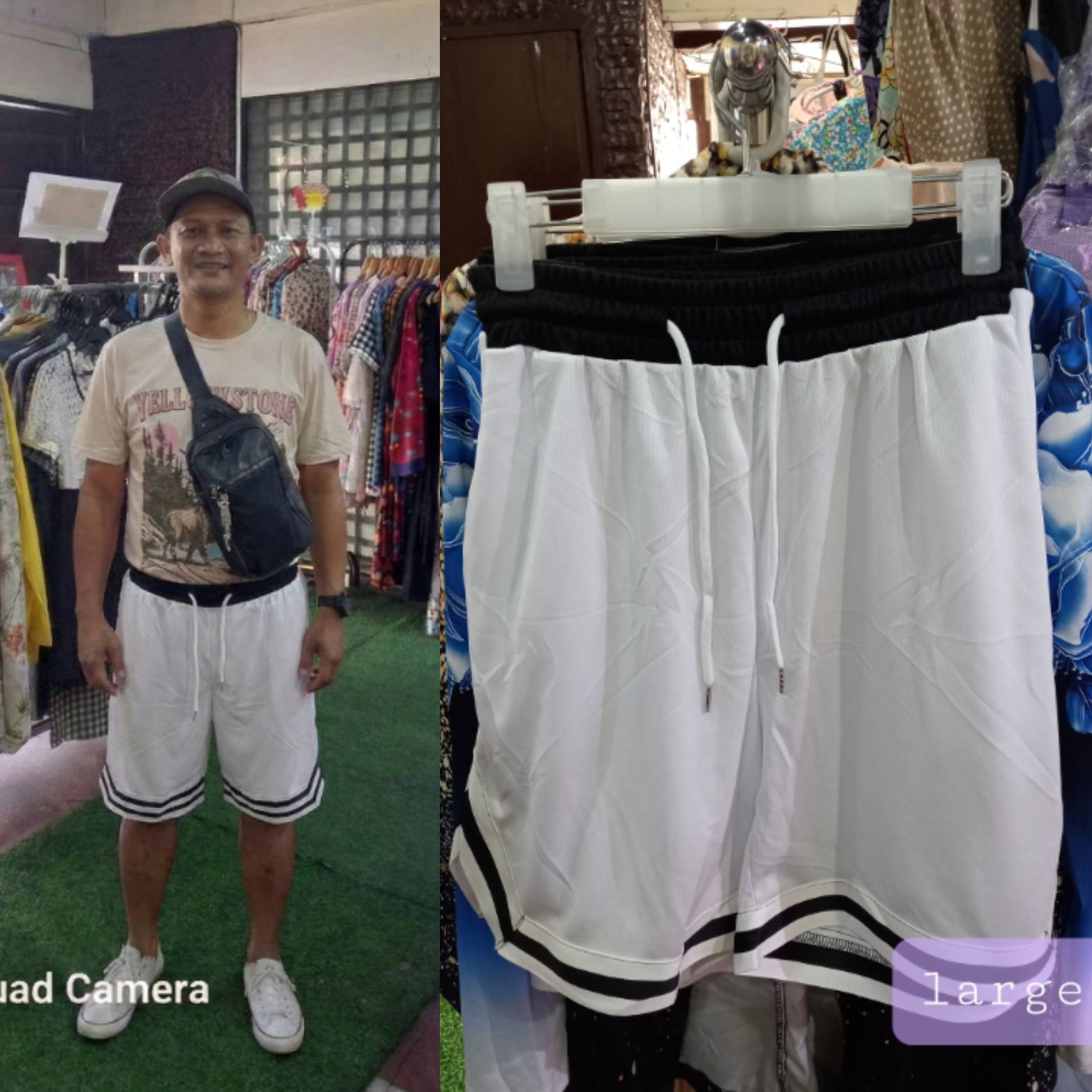 Men's Classic Retro Basketball White Mesh Athletic Shorts displayed on a model and hanging, showcasing 90s court style.