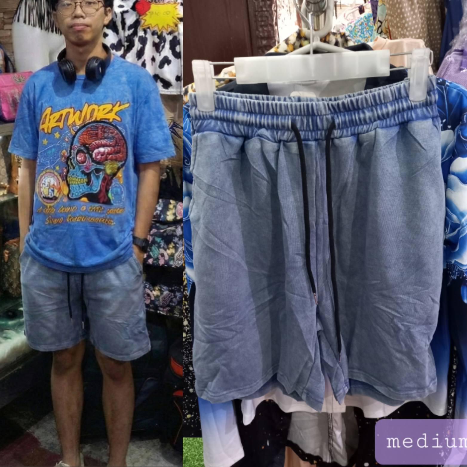Men's Vintage Acid Wash Denim Look Elastic Waist Short displayed on a hanger and worn by a model, showcasing urban style.
