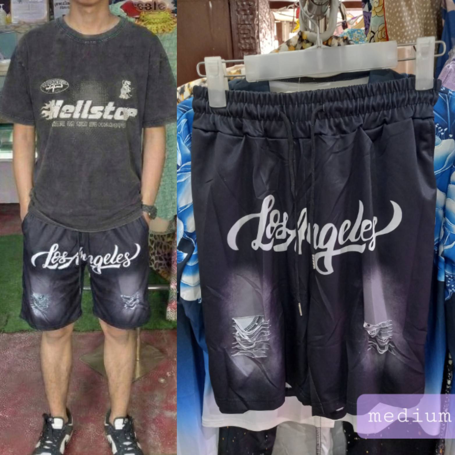 Los Angeles graphic streetwear shorts displayed on a model and hanger, showcasing urban style and comfort.