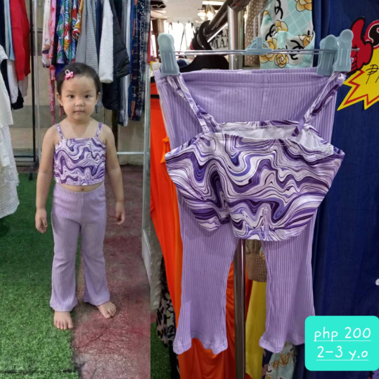 Toddler Girl Purple Swirl Crop Top & Ribbed Flare Pants on display with model wearing the outfit, showcasing fashionable toddler clothing.