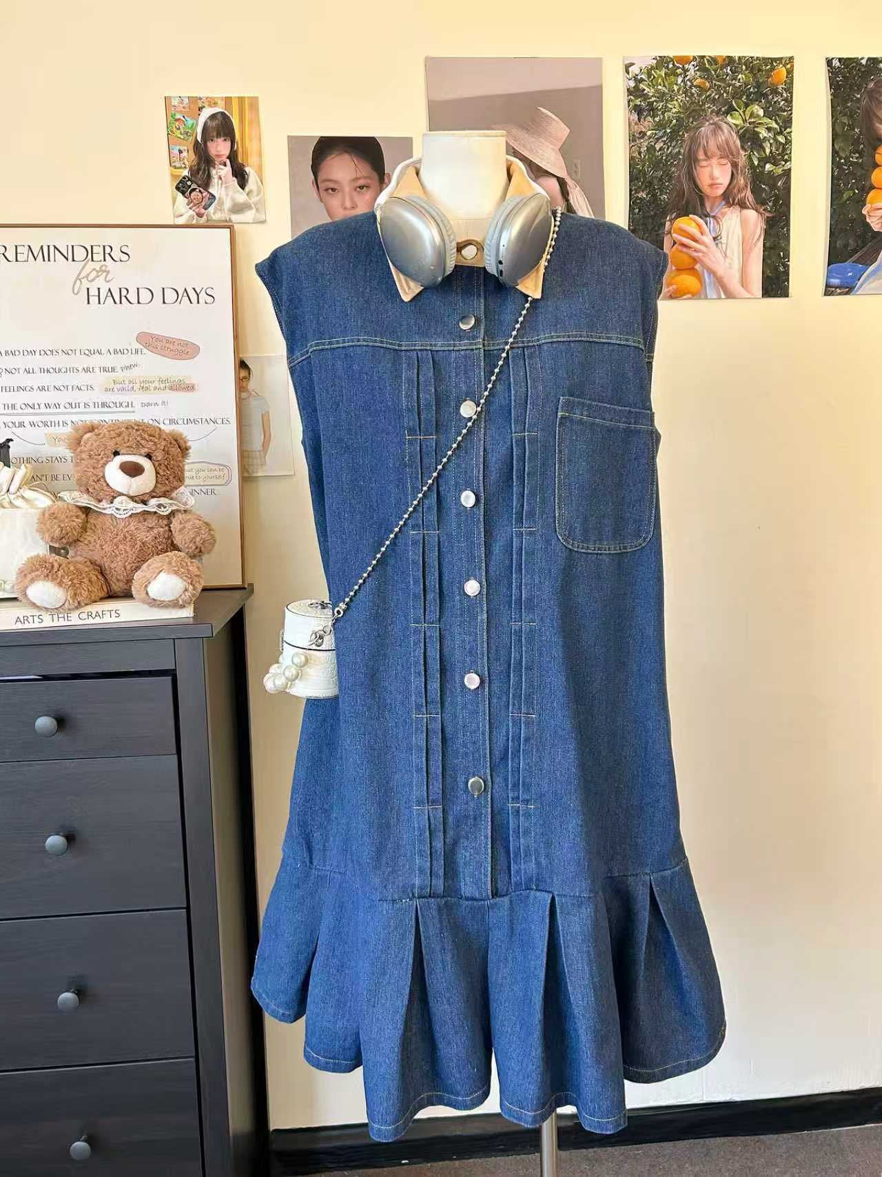Pre-Order: Korean Sleeveless Denim Pleated Mini Dress | Smartshop