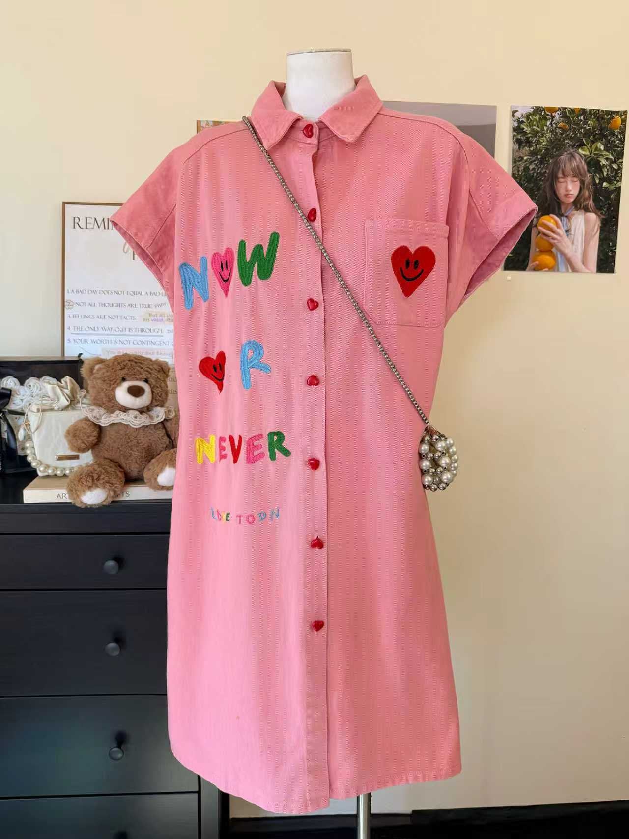 Pre-Order Korean Heart-Patch Denim Button-Down Dress | Smartshop
