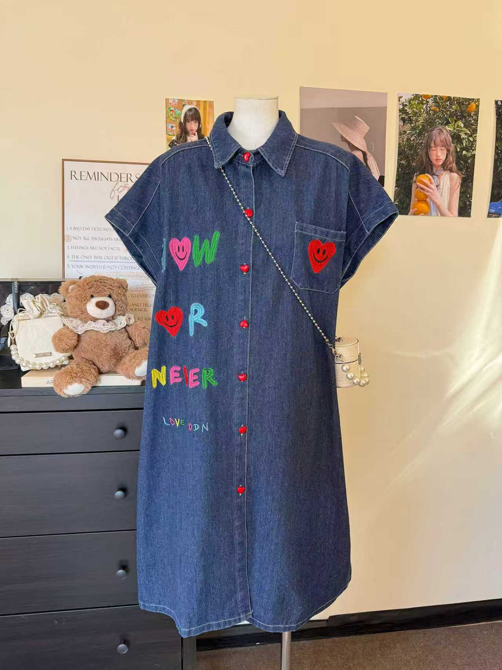 Pre-Order Korean Heart-Patch Denim Button-Down Dress | Smartshop