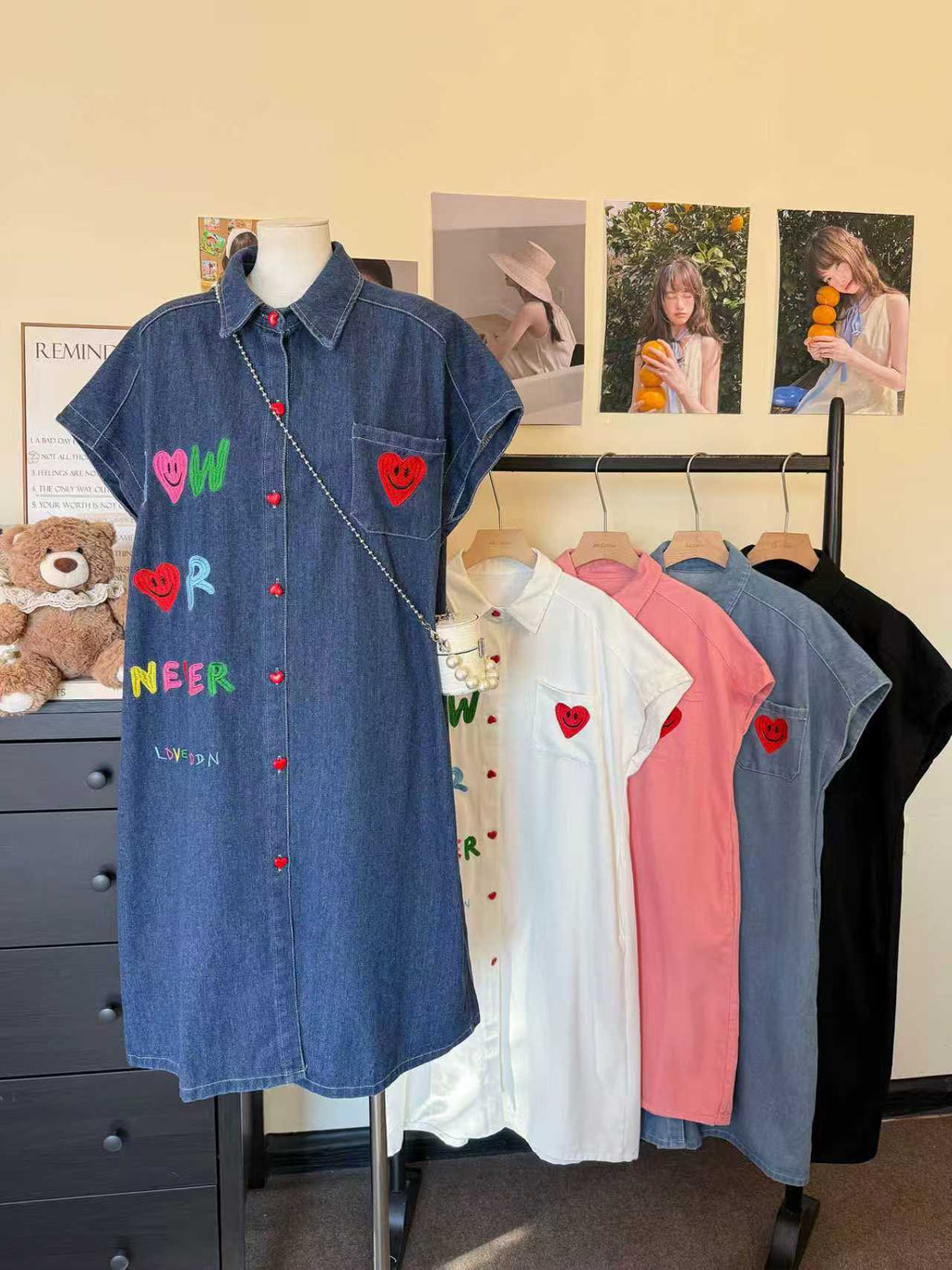 Pre-Order Korean Heart-Patch Denim Button-Down Dress | Smartshop