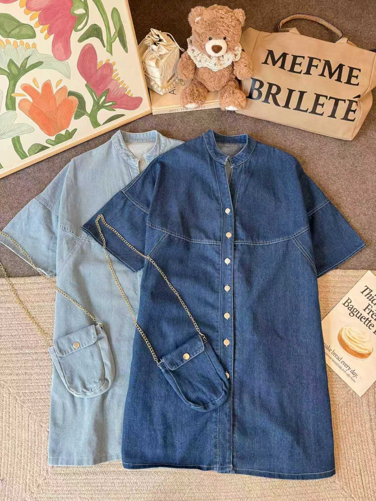 Pre-Order Korean V-Neck Denim Button-Down Dress | Smartshop