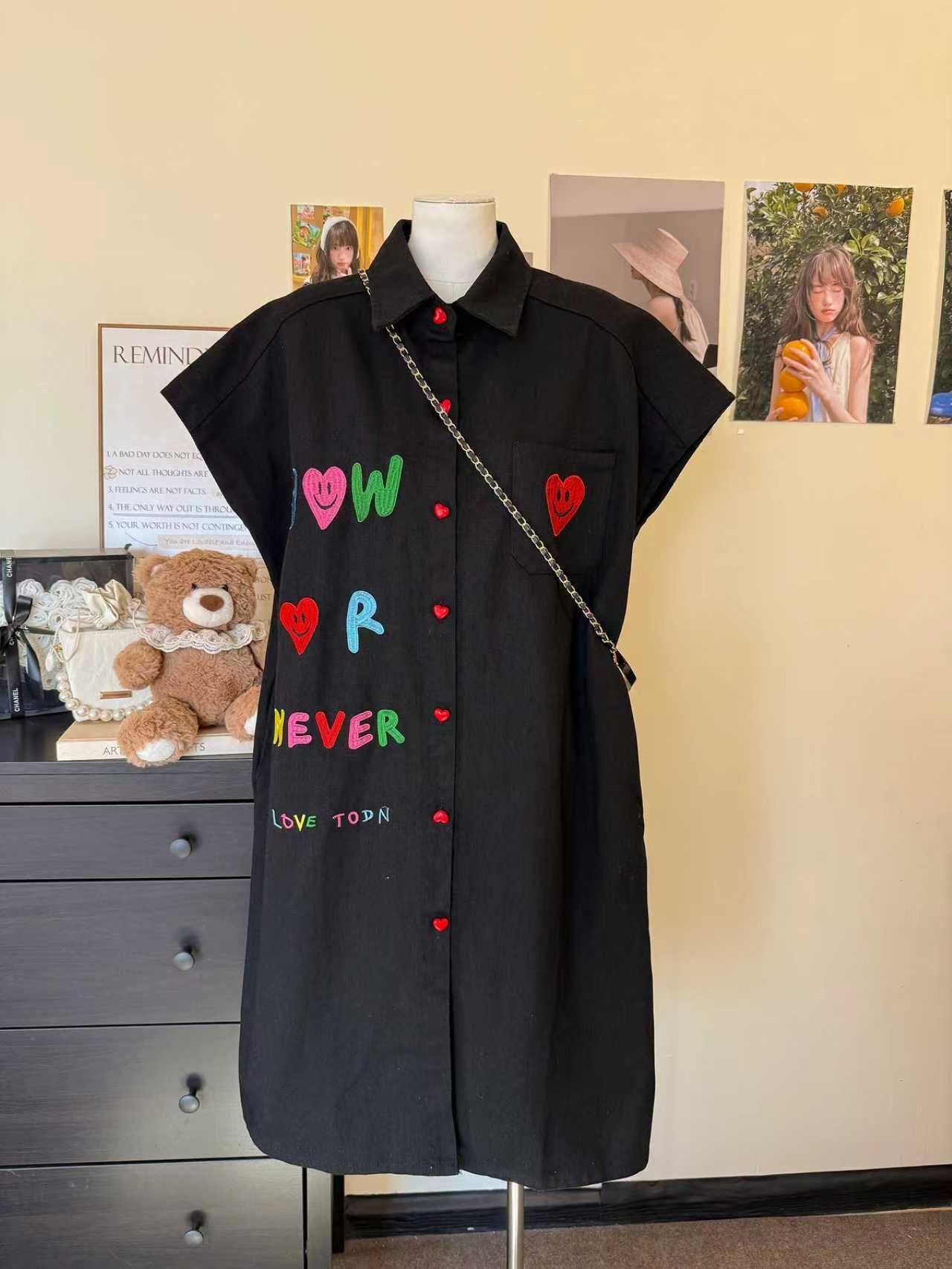 Pre-Order Korean Heart-Patch Denim Button-Down Dress | Smartshop