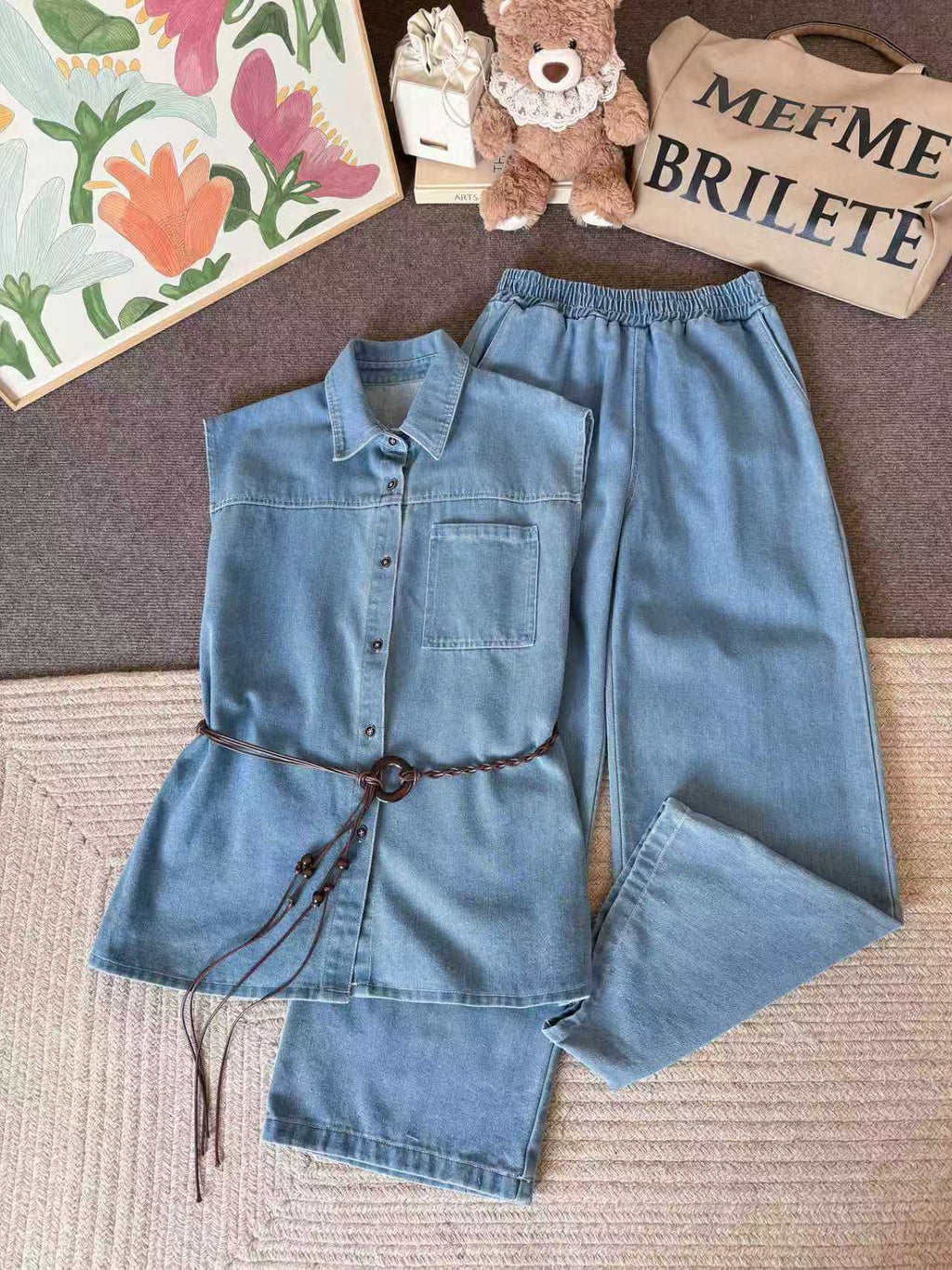 Pre-Order: Korean Denim Set - Sleeveless Button-Down & Wide Leg Pants | Smartshop